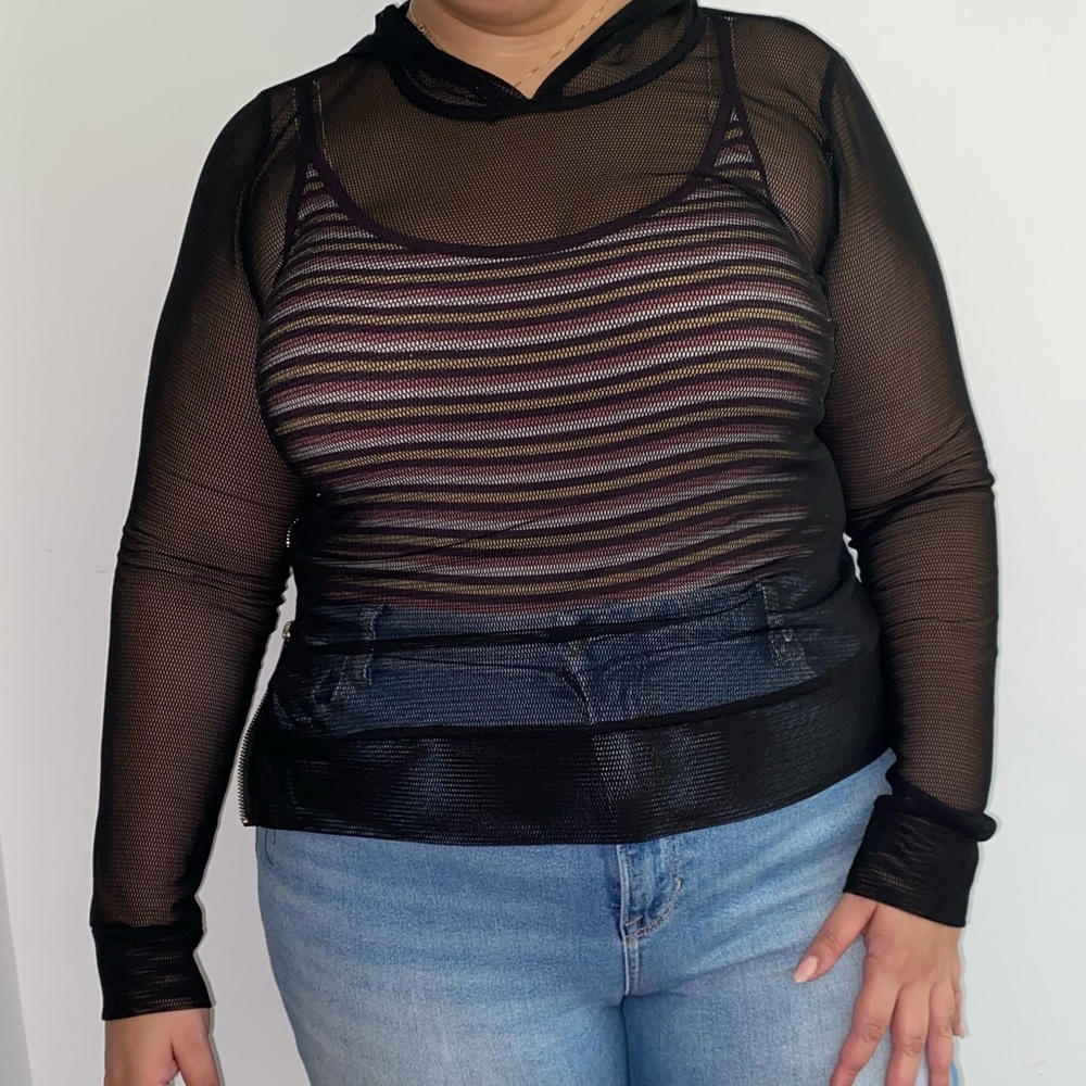 Sheer pullover with hoodie and side zipper